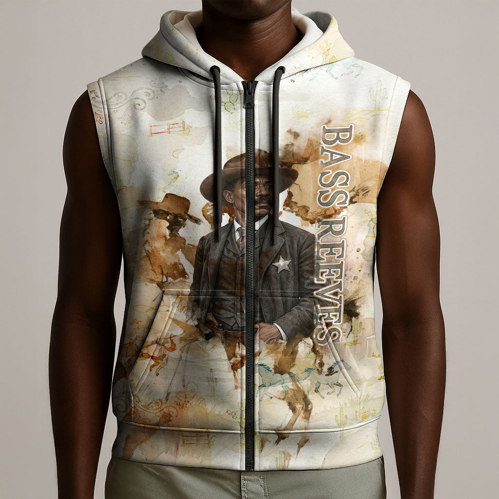 Bass Reeves Spirit Frontier Legend Sleeveless Zip Hoodie African American Marshal Horse Riding Western Watercolor