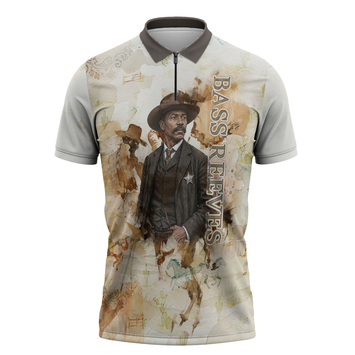 Bass Reeves Spirit Frontier Legend Zipper Polo Shirt African American Marshal Horse Riding Western Watercolor