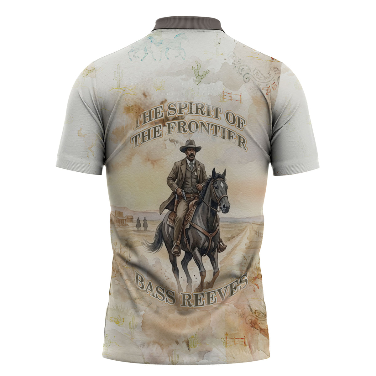 Bass Reeves Spirit Frontier Legend Zipper Polo Shirt African American Marshal Horse Riding Western Watercolor