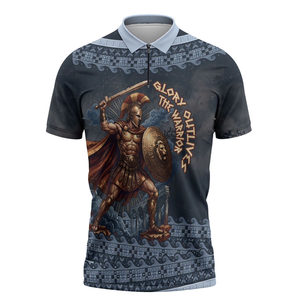 Trojan War Glory Outlives Warrior Zipper Polo Shirt Spartan Achilles Warrior Battle Greek