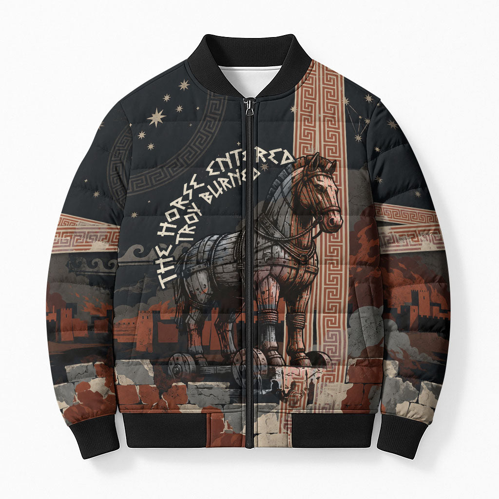 Trojan War Horse Entered Burned Bomber Puffer Jacket Greek Wooden Trojan Horse Spartan Warrior