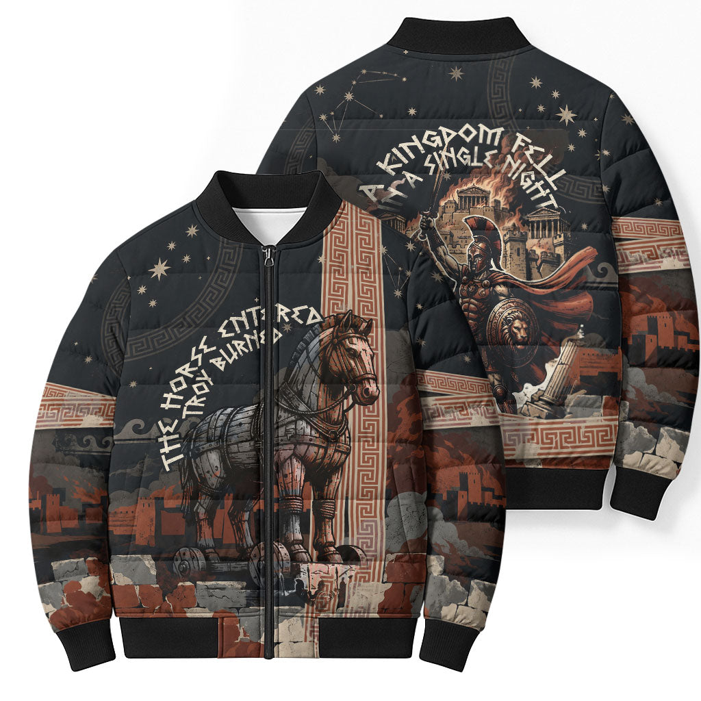 Trojan War Horse Entered Burned Bomber Puffer Jacket Greek Wooden Trojan Horse Spartan Warrior