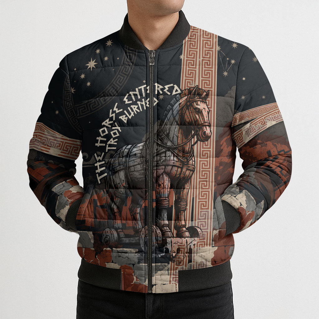 Trojan War Horse Entered Burned Bomber Puffer Jacket Greek Wooden Trojan Horse Spartan Warrior