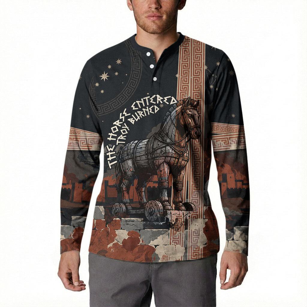 Trojan War Horse Entered Burned Button Sweatshirt Greek Wooden Trojan Horse Spartan Warrior