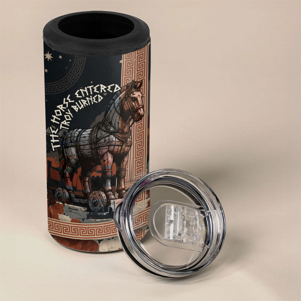 Trojan War Horse Entered Burned 4 in 1 Can Cooler Tumbler Greek Wooden Trojan Horse Spartan Warrior