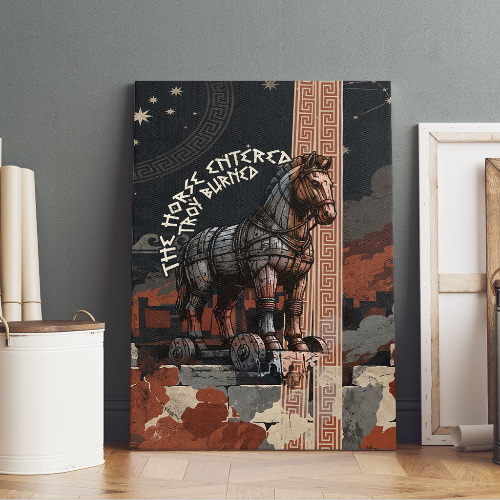 Trojan War Horse Entered Burned Canvas Wall Art Greek Wooden Trojan Horse Spartan Warrior