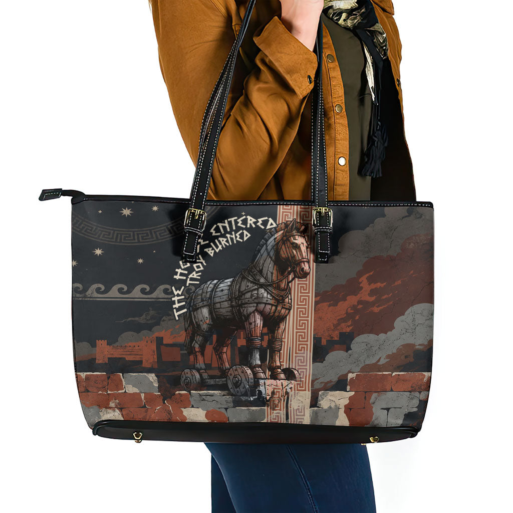 Trojan War Horse Entered Burned Leather Tote Bag Greek Wooden Trojan Horse Spartan Warrior