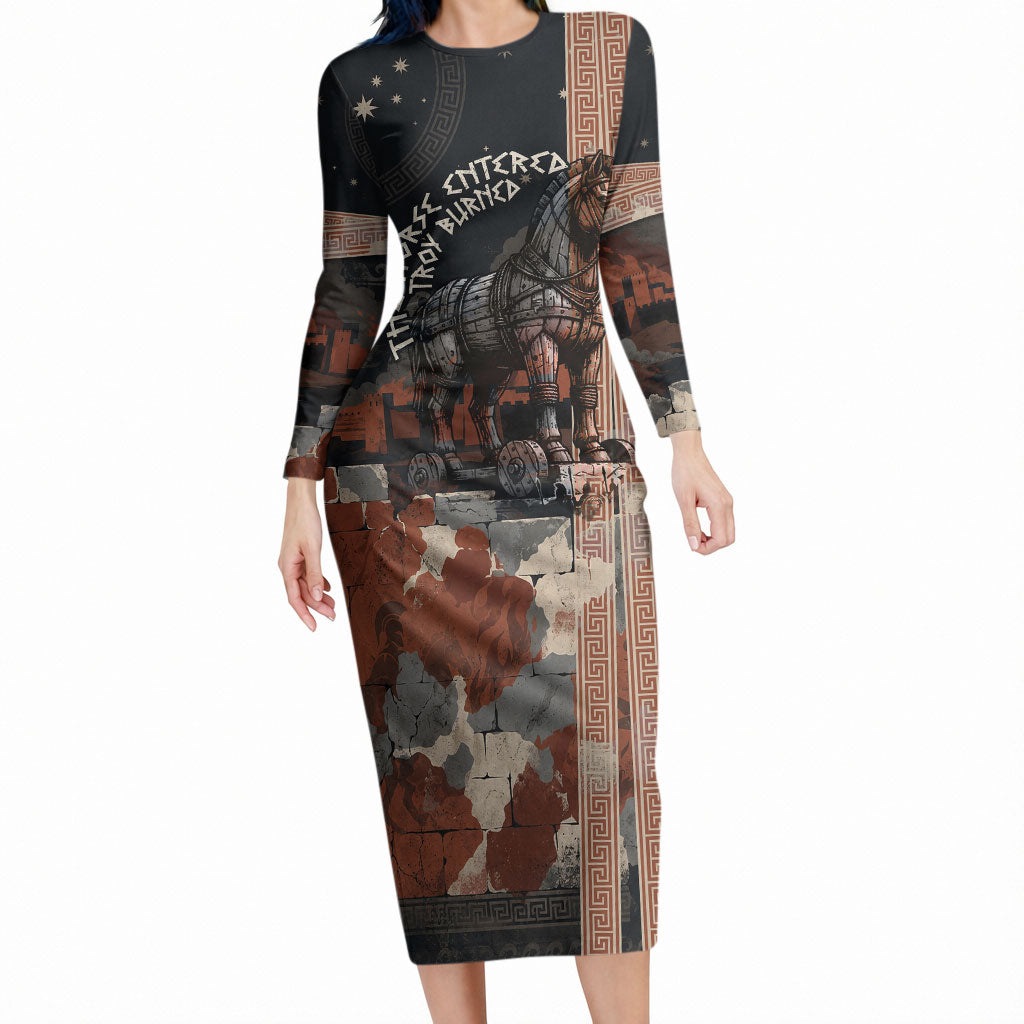 Trojan War Horse Entered Burned Long Sleeve Bodycon Dress Greek Wooden Trojan Horse Spartan Warrior