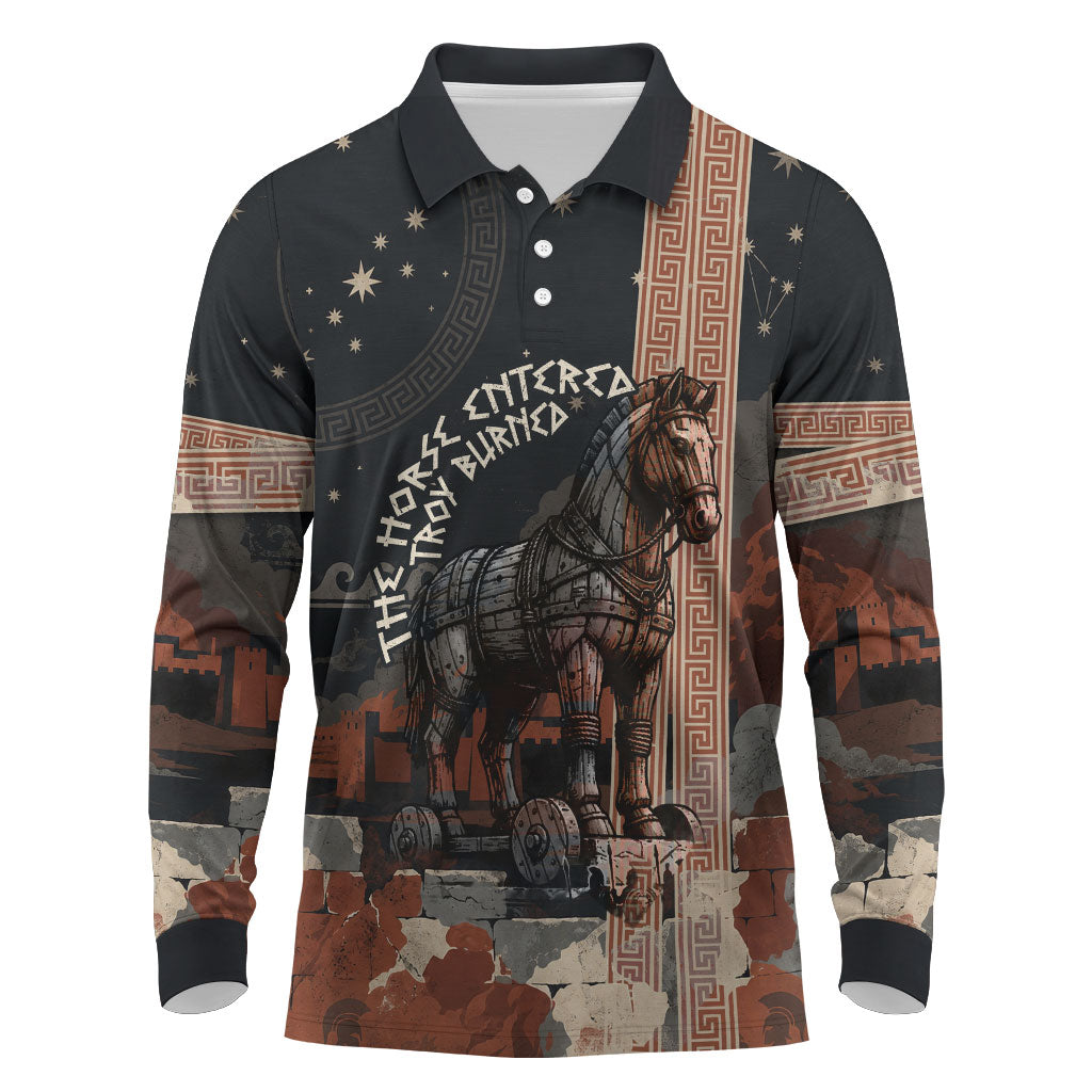 Trojan War Horse Entered Burned Long Sleeve Polo Shirt Greek Wooden Trojan Horse Spartan Warrior