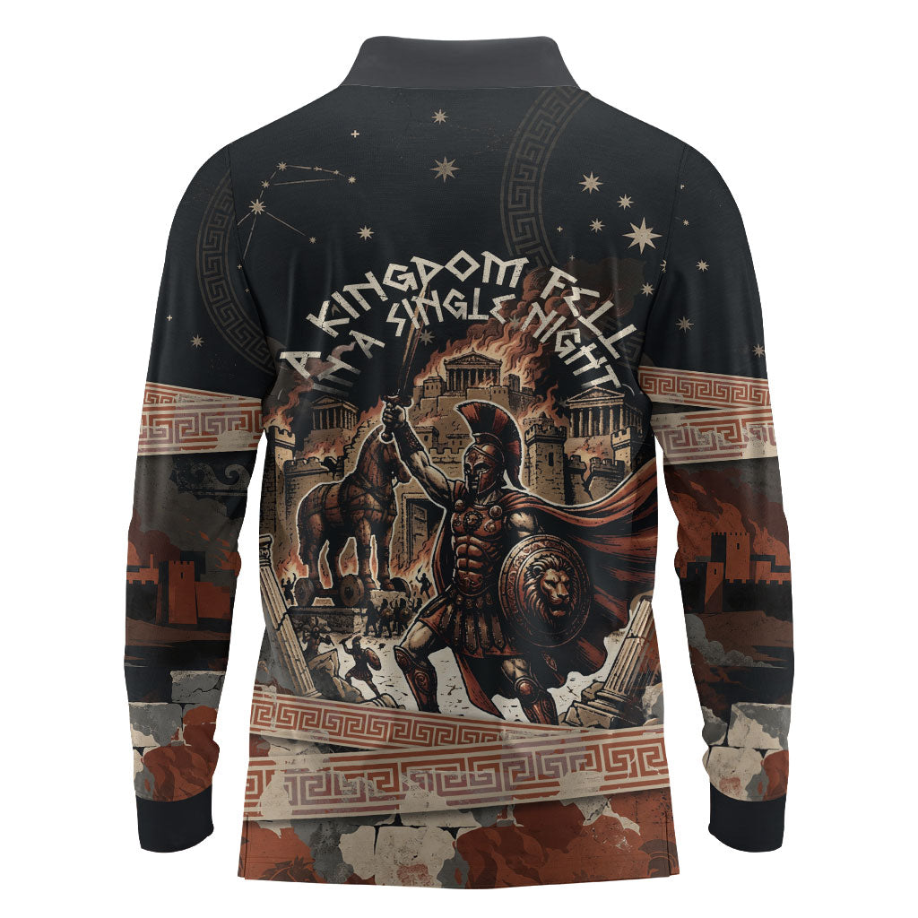 Trojan War Horse Entered Burned Long Sleeve Polo Shirt Greek Wooden Trojan Horse Spartan Warrior