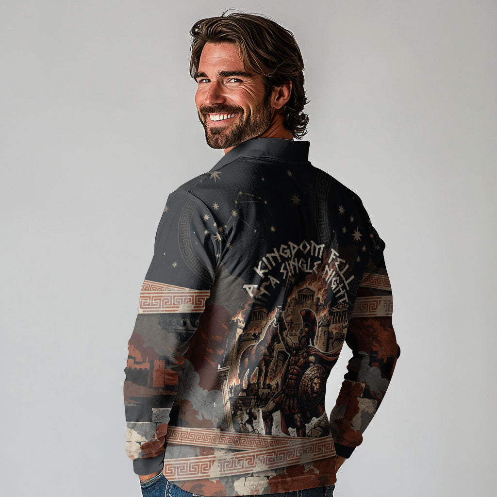 Trojan War Horse Entered Burned Long Sleeve Polo Shirt Greek Wooden Trojan Horse Spartan Warrior