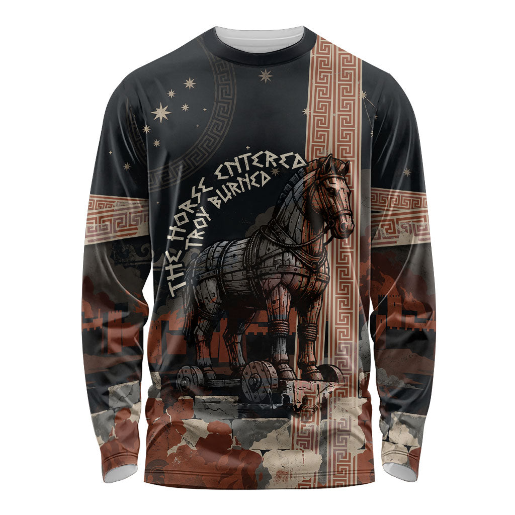 Trojan War Horse Entered Burned Long Sleeve Shirt Greek Wooden Trojan Horse Spartan Warrior