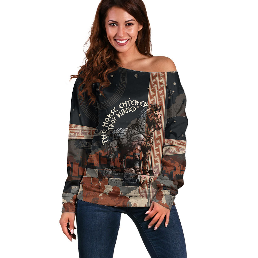 Trojan War Horse Entered Burned Off Shoulder Sweater Greek Wooden Trojan Horse Spartan Warrior