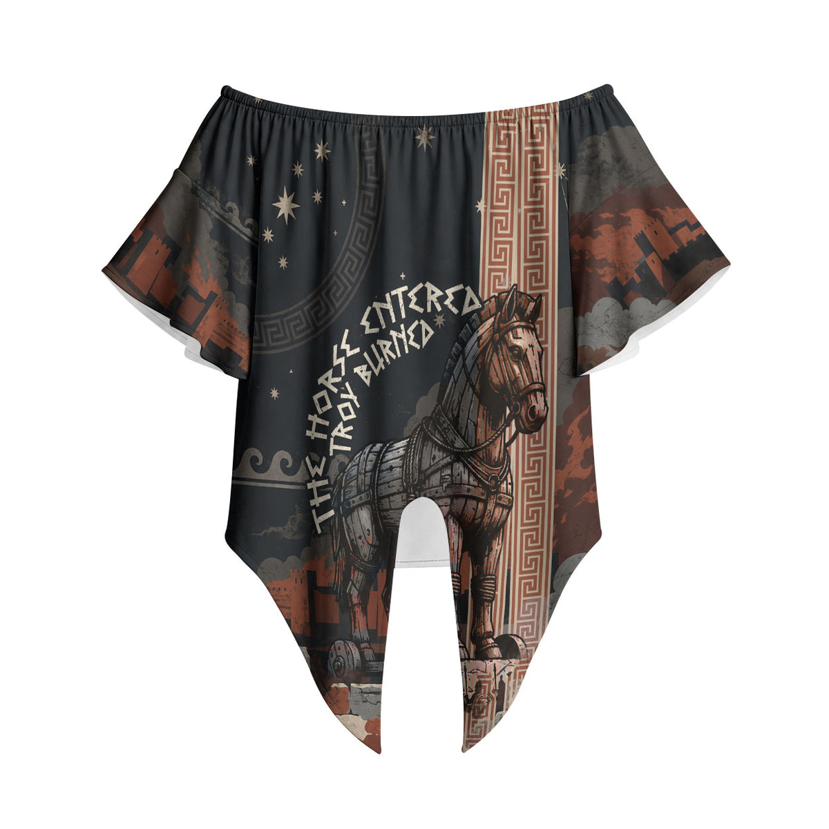 Trojan War Horse Entered Burned Off Shoulder Wrap Waist Top Greek Wooden Trojan Horse Spartan Warrior