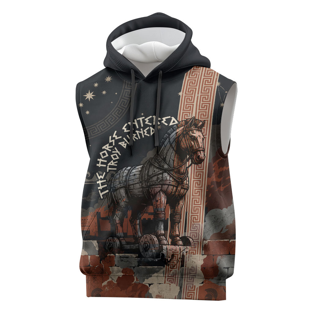 Trojan War Horse Entered Burned Sleeveless Hoodie Greek Wooden Trojan Horse Spartan Warrior