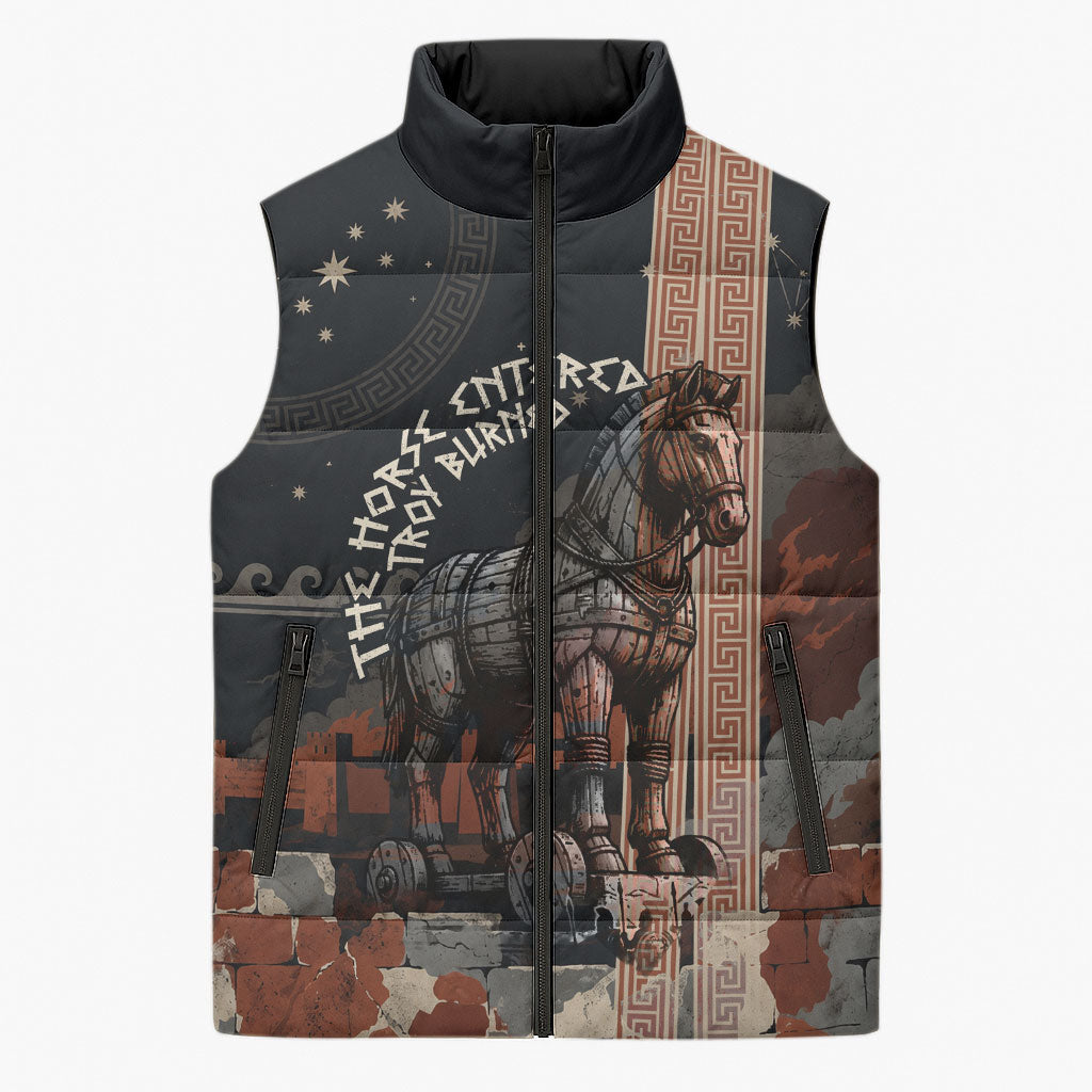 Trojan War Horse Entered Burned Sleeveless Puffer Jacket Greek Wooden Trojan Horse Spartan Warrior