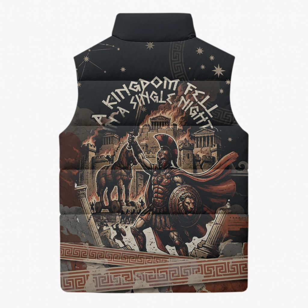 Trojan War Horse Entered Burned Sleeveless Puffer Jacket Greek Wooden Trojan Horse Spartan Warrior