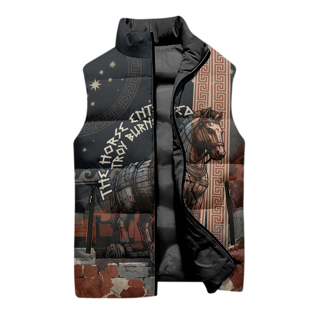 Trojan War Horse Entered Burned Sleeveless Puffer Jacket Greek Wooden Trojan Horse Spartan Warrior