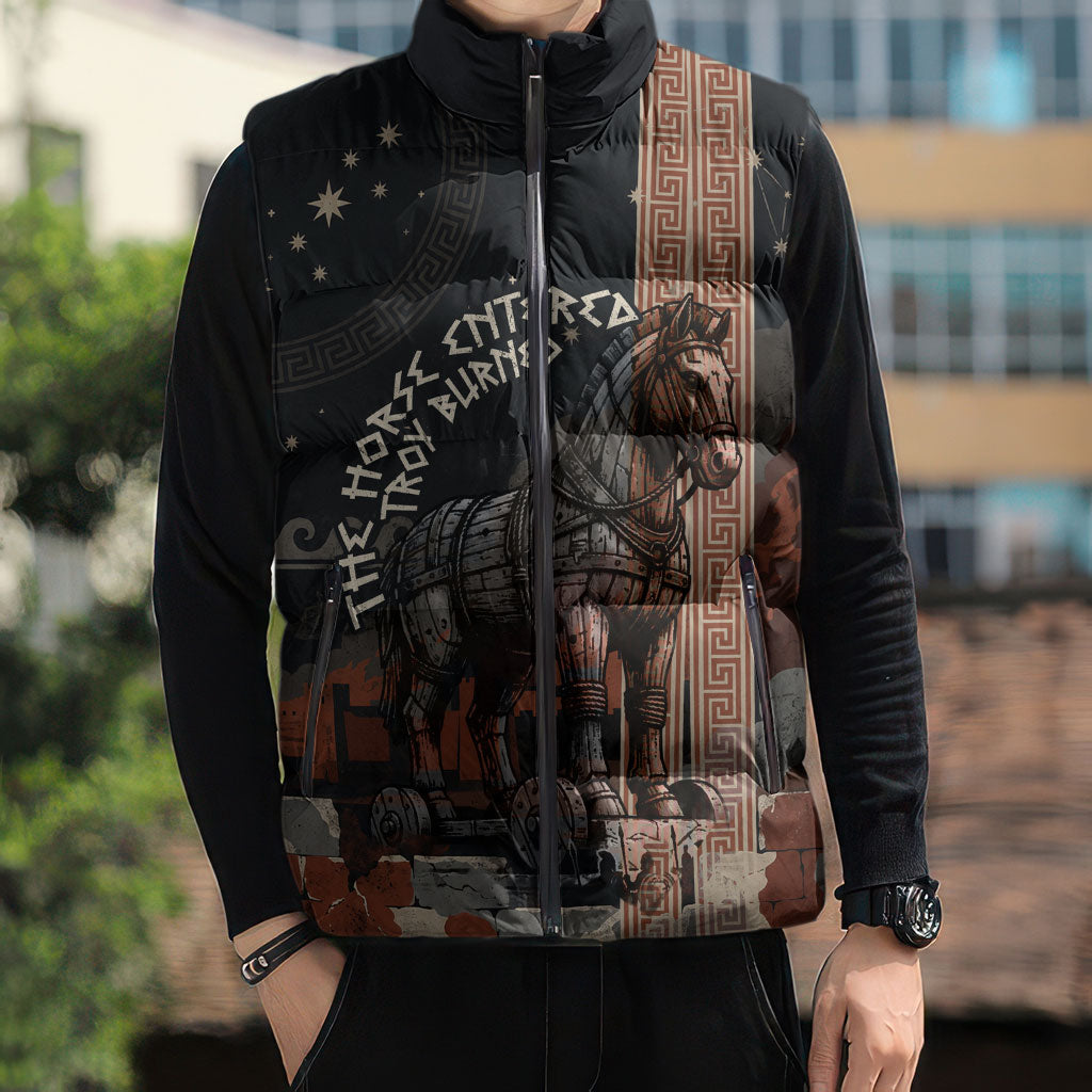 Trojan War Horse Entered Burned Sleeveless Puffer Jacket Greek Wooden Trojan Horse Spartan Warrior