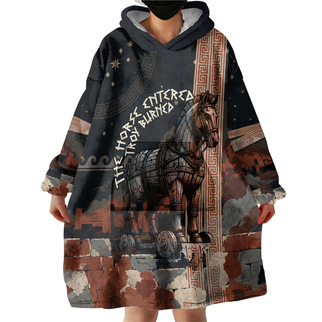 Trojan War Horse Entered Burned Wearable Blanket Hoodie Greek Wooden Trojan Horse Spartan Warrior