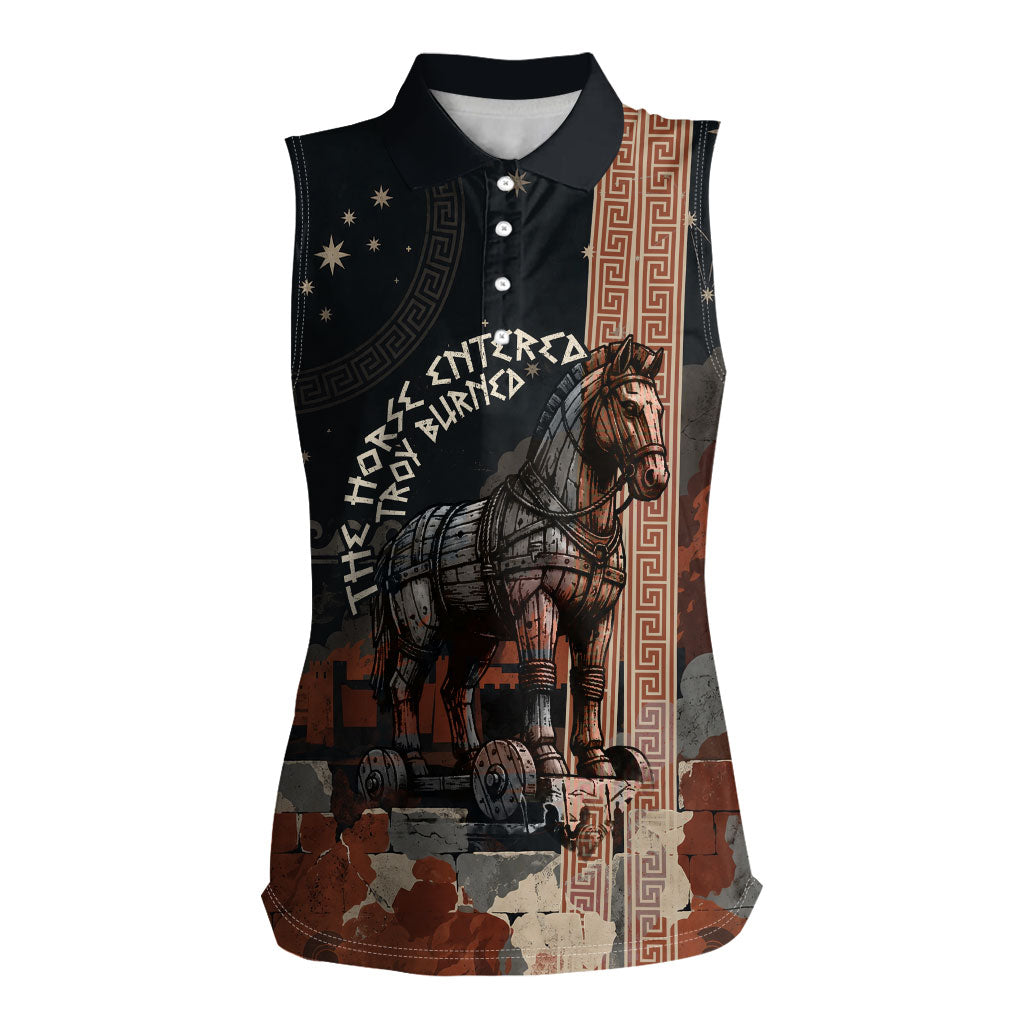 Trojan War Horse Entered Burned Women Sleeveless Polo Shirt Greek Wooden Trojan Horse Spartan Warrior