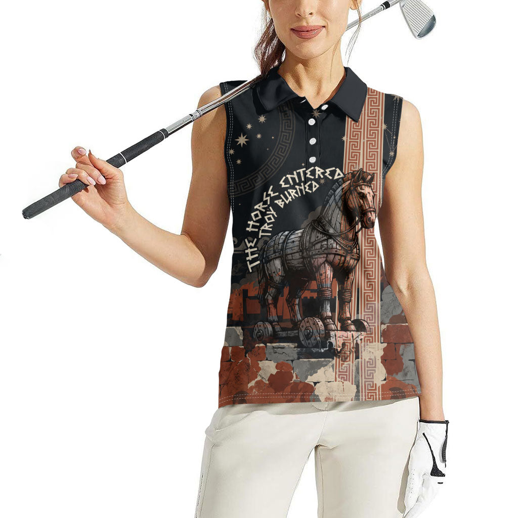 Trojan War Horse Entered Burned Women Sleeveless Polo Shirt Greek Wooden Trojan Horse Spartan Warrior
