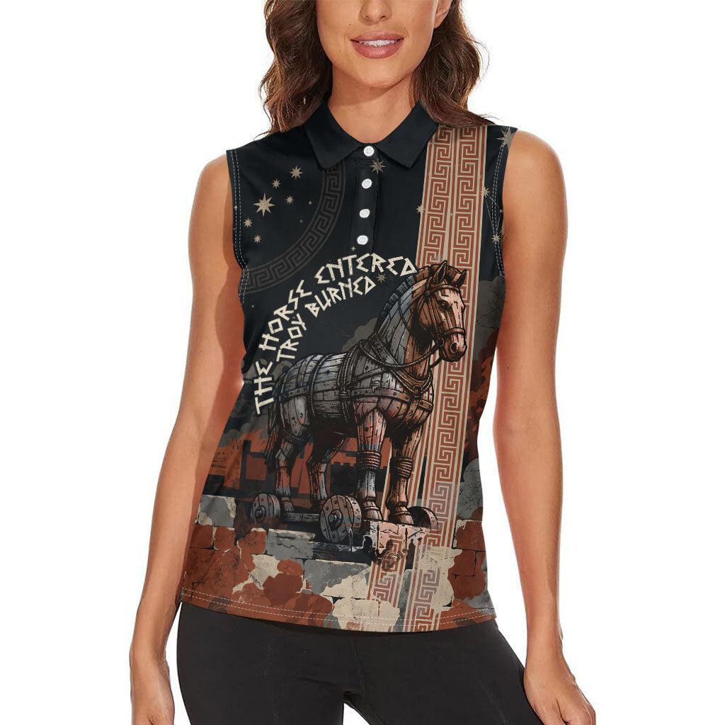 Trojan War Horse Entered Burned Women Sleeveless Polo Shirt Greek Wooden Trojan Horse Spartan Warrior
