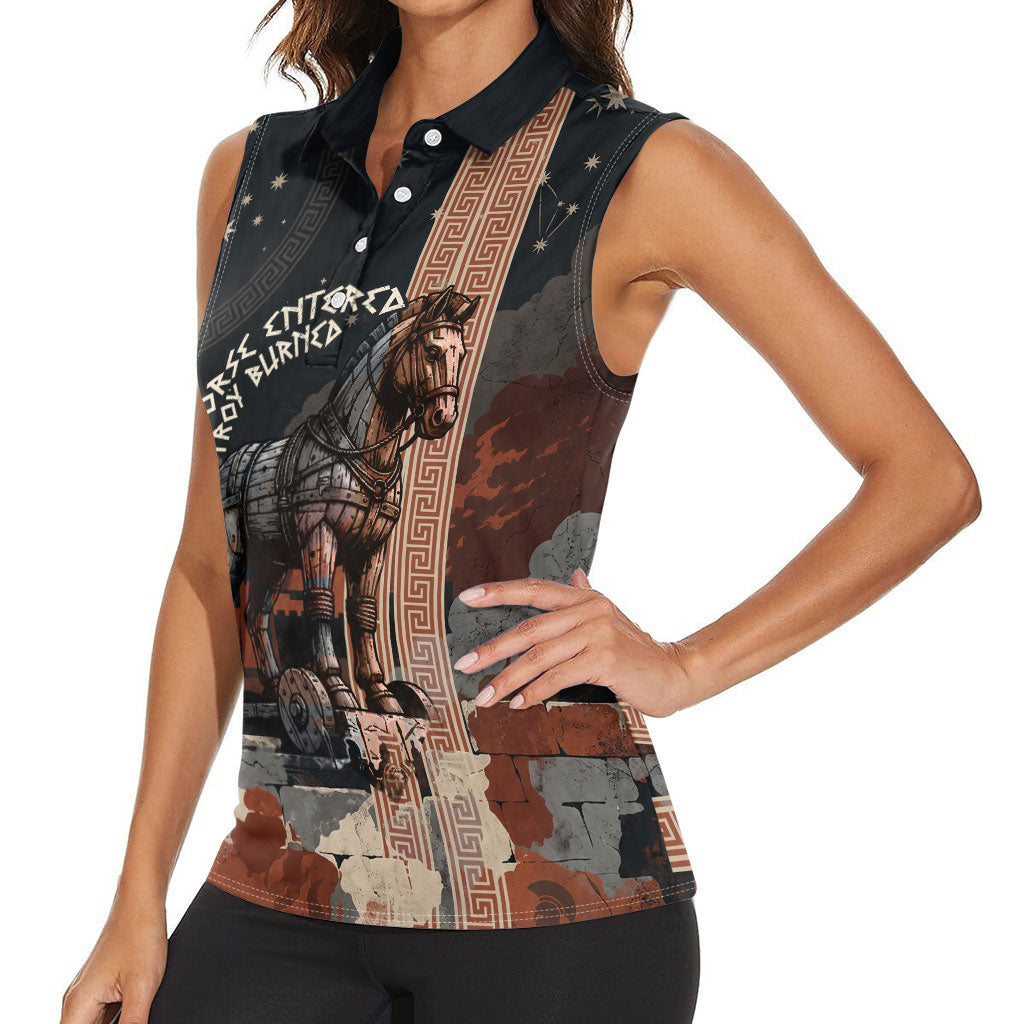 Trojan War Horse Entered Burned Women Sleeveless Polo Shirt Greek Wooden Trojan Horse Spartan Warrior