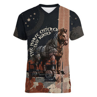 Trojan War Horse Entered Burned Women V-Neck T-Shirt Greek Wooden Trojan Horse Spartan Warrior