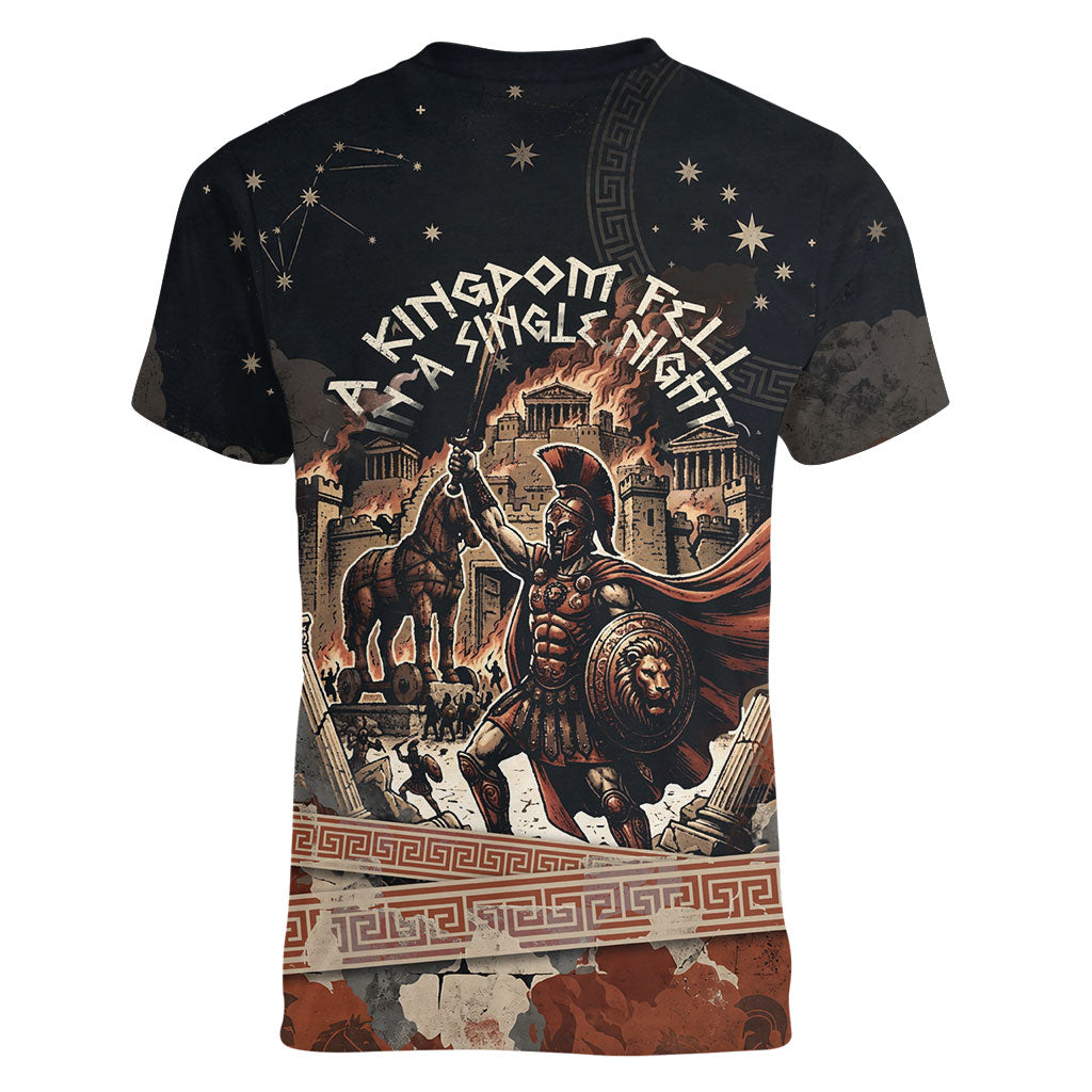 Trojan War Horse Entered Burned Women V-Neck T-Shirt Greek Wooden Trojan Horse Spartan Warrior