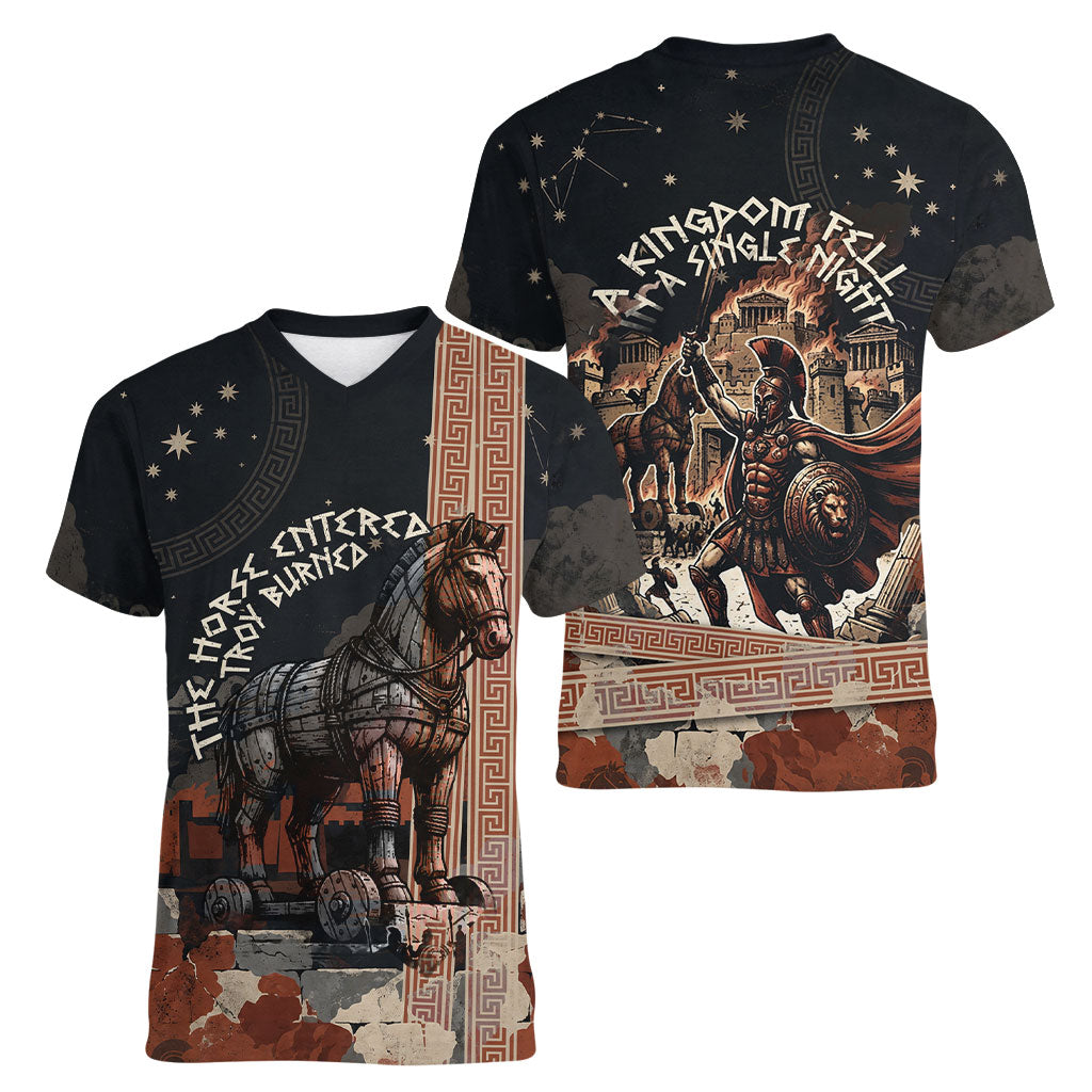 Trojan War Horse Entered Burned Women V-Neck T-Shirt Greek Wooden Trojan Horse Spartan Warrior