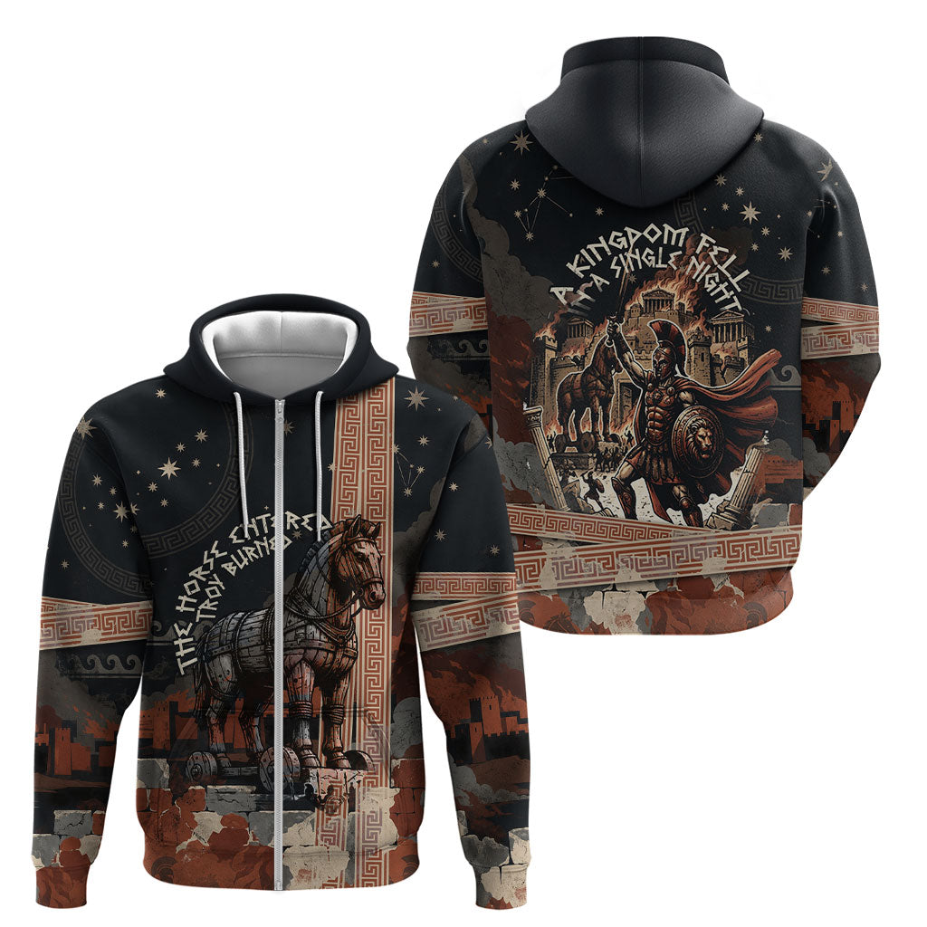 Trojan War Horse Entered Burned Zip Hoodie Greek Wooden Trojan Horse Spartan Warrior