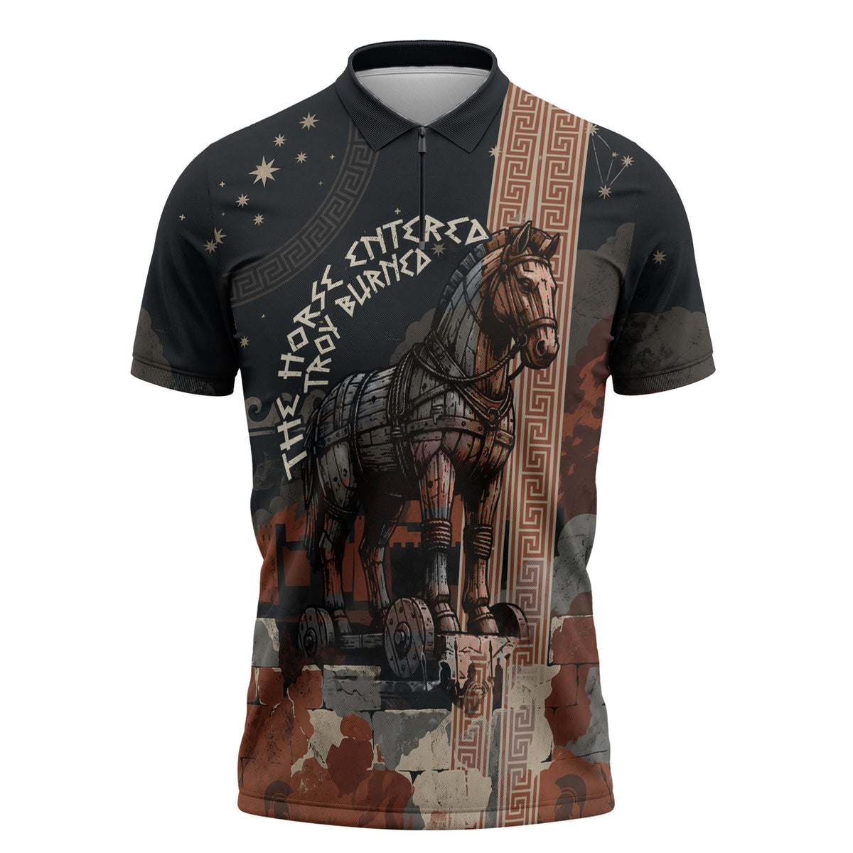 Trojan War Horse Entered Burned Zipper Polo Shirt Greek Wooden Trojan Horse Spartan Warrior