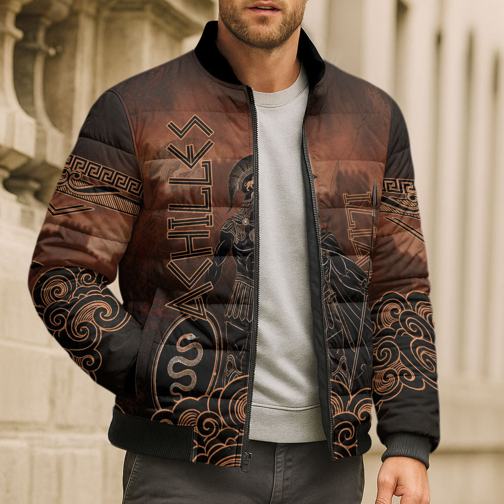 Achilles Iliad Greek Hero Legend Bomber Puffer Jacket Trojan War Spartan Warrior Spear Graphic Art