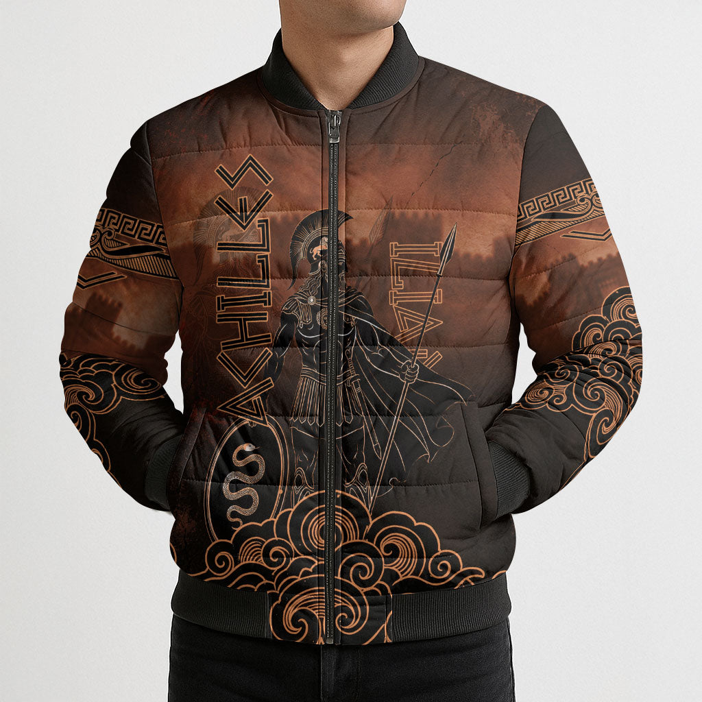 Achilles Iliad Greek Hero Legend Bomber Puffer Jacket Trojan War Spartan Warrior Spear Graphic Art