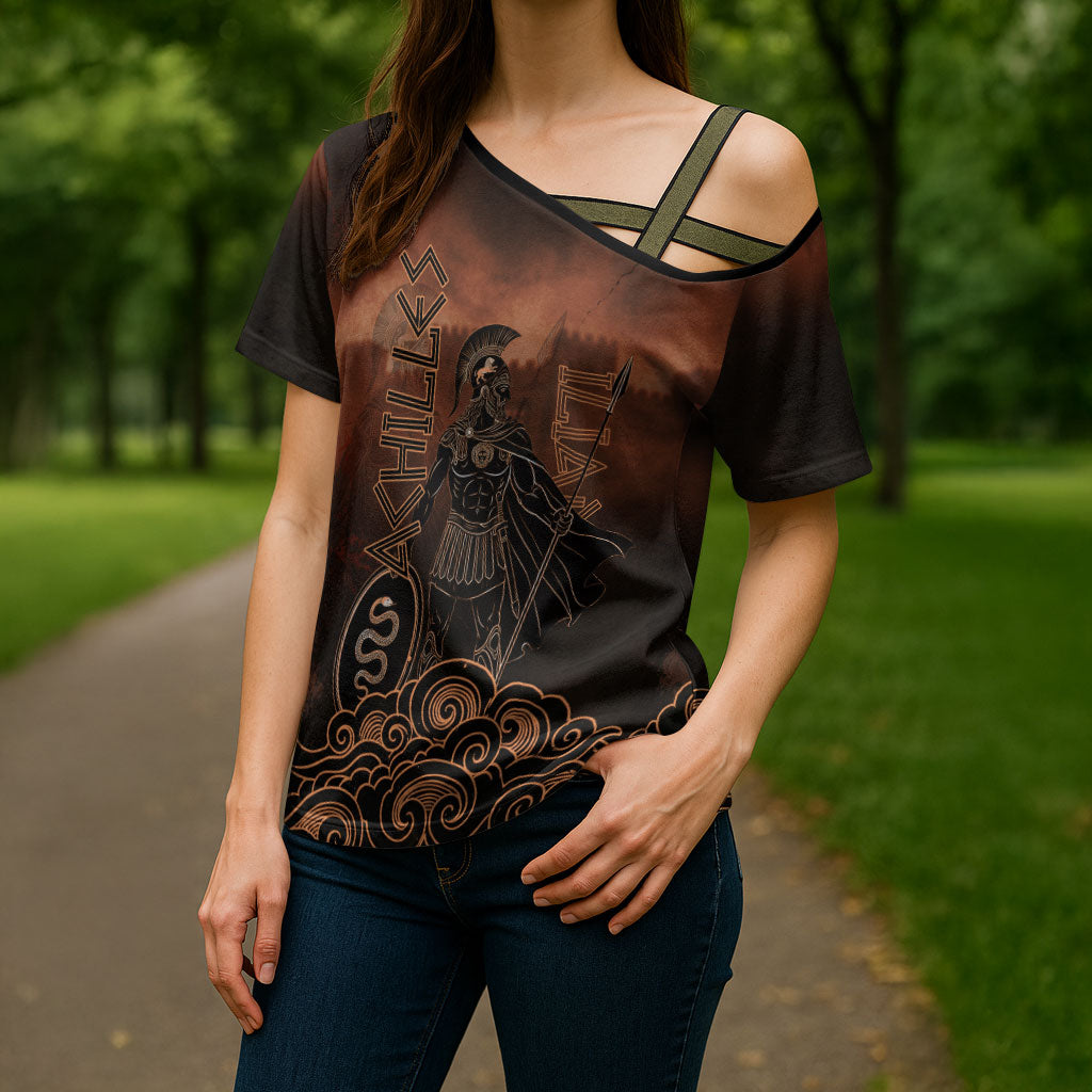 Achilles Iliad Greek Hero Legend Cross Shoulder Shirt Trojan War Spartan Warrior Spear Graphic Art
