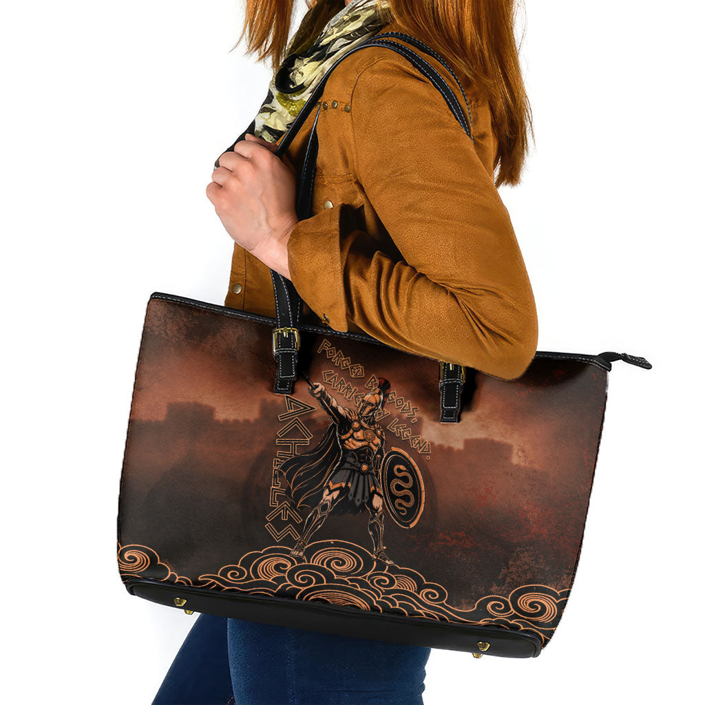 Achilles Iliad Greek Hero Legend Leather Tote Bag Trojan War Spartan Warrior Spear Graphic Art