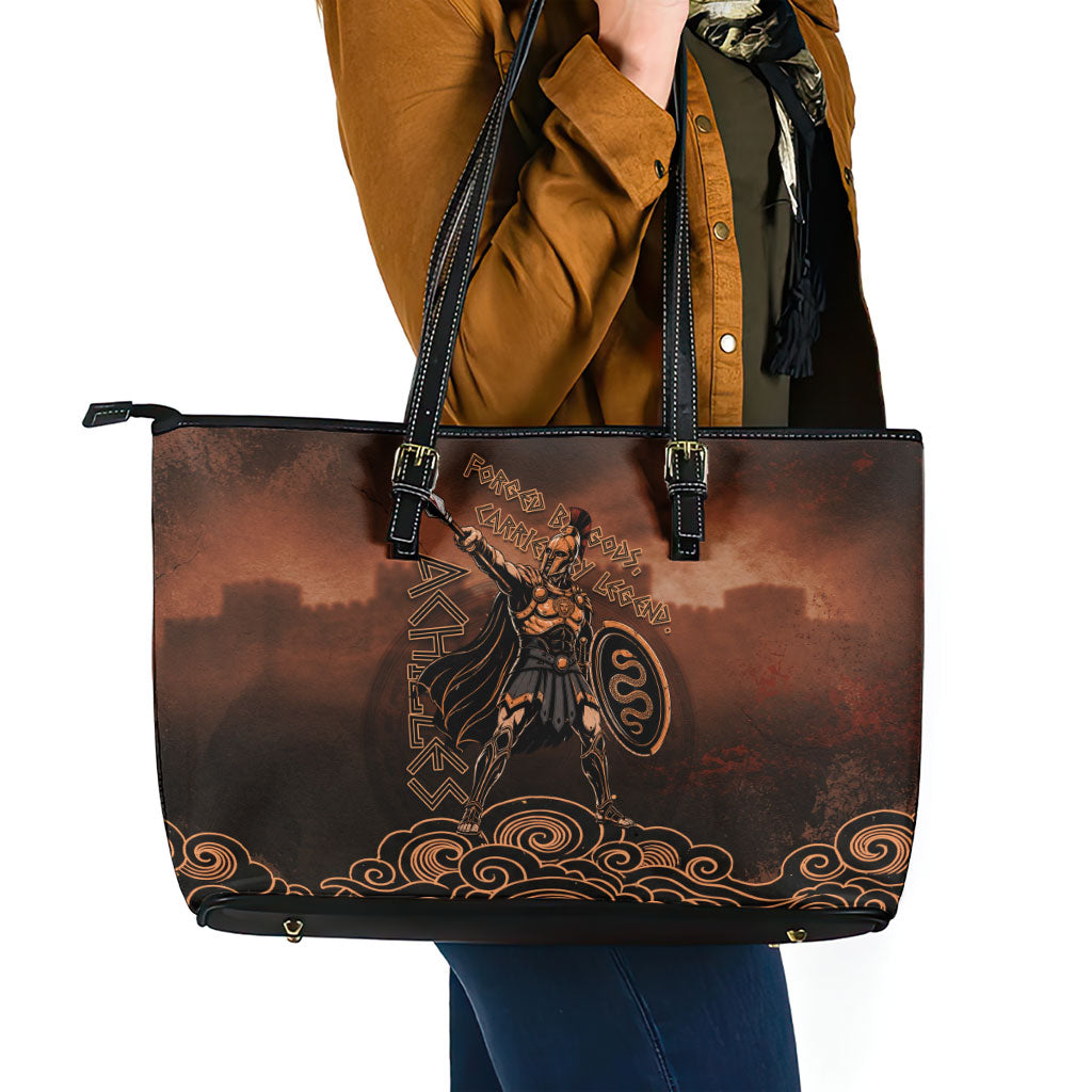 Achilles Iliad Greek Hero Legend Leather Tote Bag Trojan War Spartan Warrior Spear Graphic Art