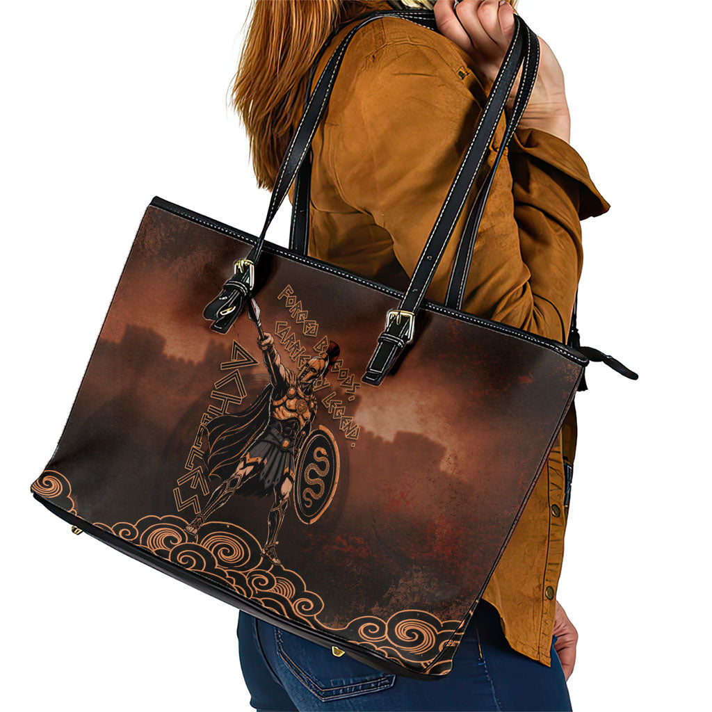 Achilles Iliad Greek Hero Legend Leather Tote Bag Trojan War Spartan Warrior Spear Graphic Art