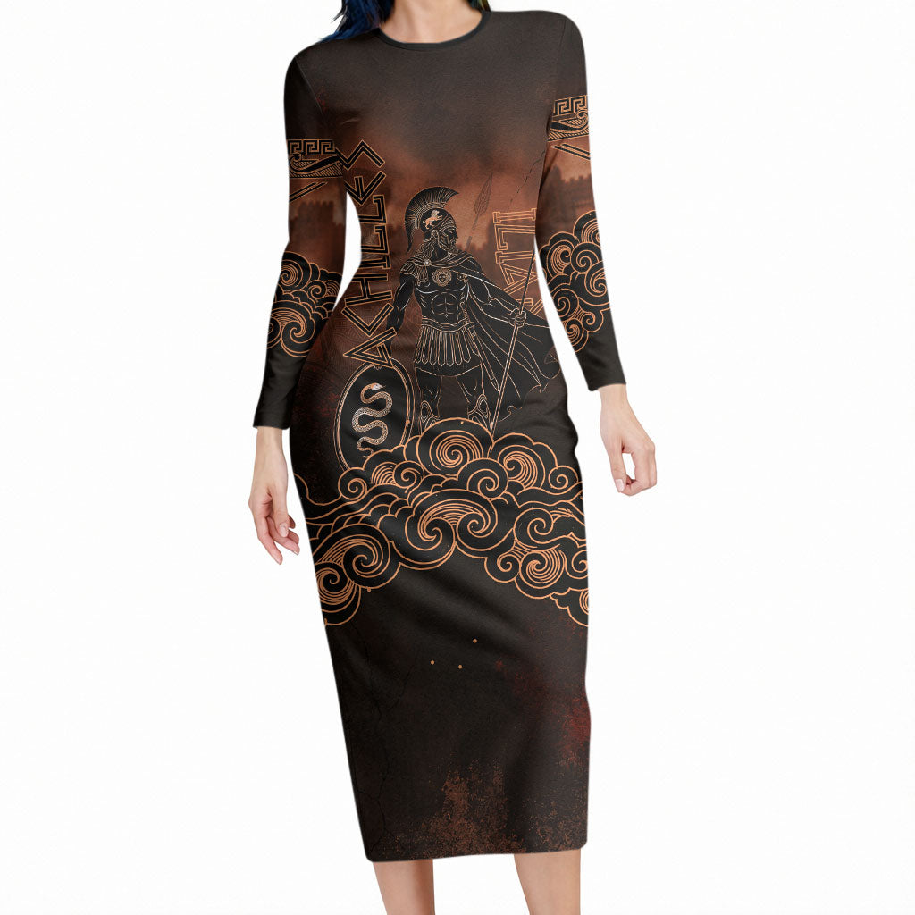 Achilles Iliad Greek Hero Legend Long Sleeve Bodycon Dress Trojan War Spartan Warrior Spear Graphic Art