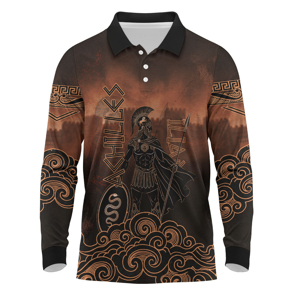 Achilles Iliad Greek Hero Legend Long Sleeve Polo Shirt Trojan War Spartan Warrior Spear Graphic Art