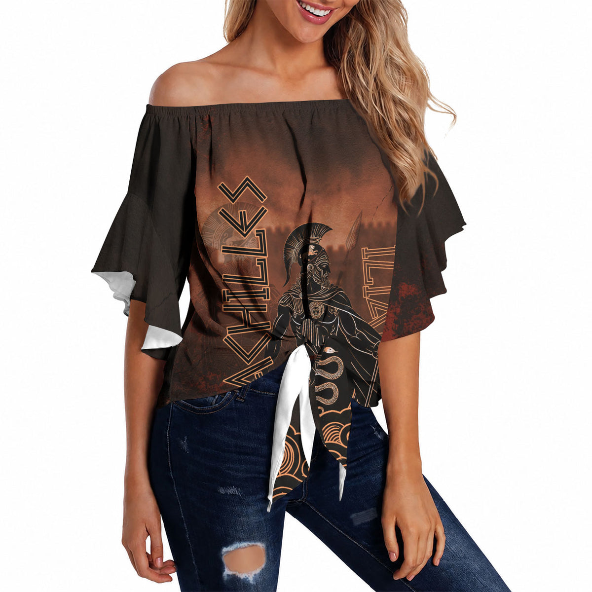 Achilles Iliad Greek Hero Legend Off Shoulder Wrap Waist Top Trojan War Spartan Warrior Spear Graphic Art
