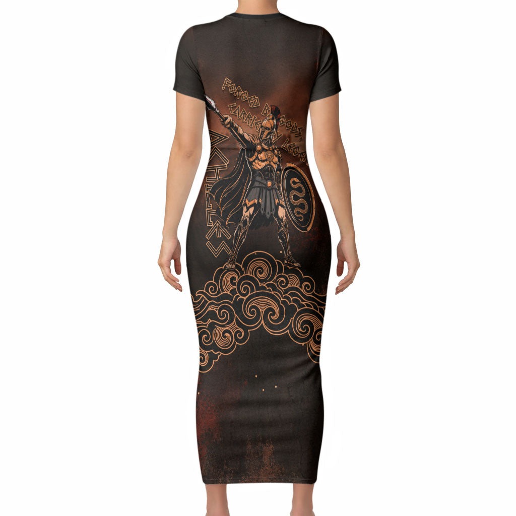 Achilles Iliad Greek Hero Legend Short Sleeve Bodycon Dress Trojan War Spartan Warrior Spear Graphic Art