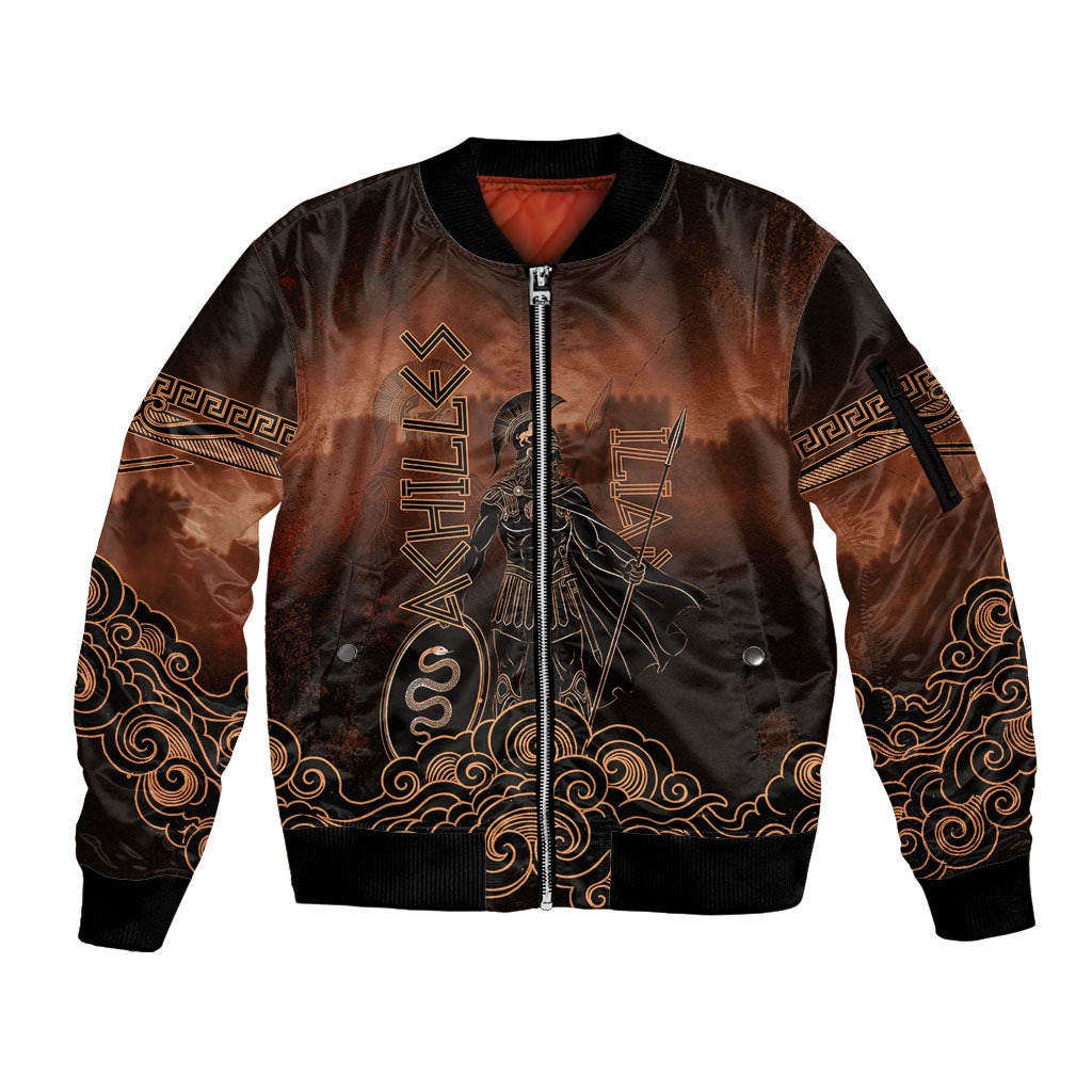 Achilles Iliad Greek Hero Legend Sleeve Zip Bomber Jacket Trojan War Spartan Warrior Spear Graphic Art