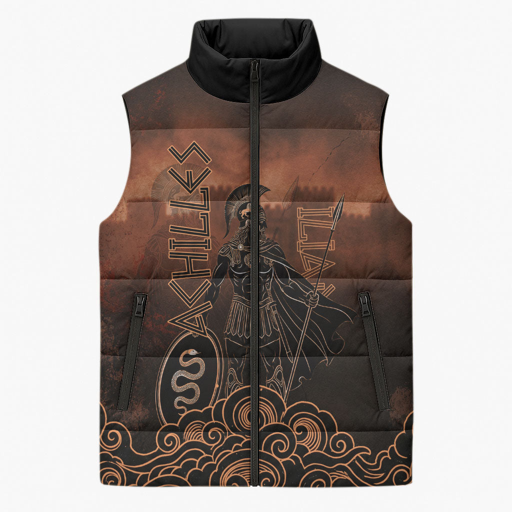 Achilles Iliad Greek Hero Legend Sleeveless Puffer Jacket Trojan War Spartan Warrior Spear Graphic Art