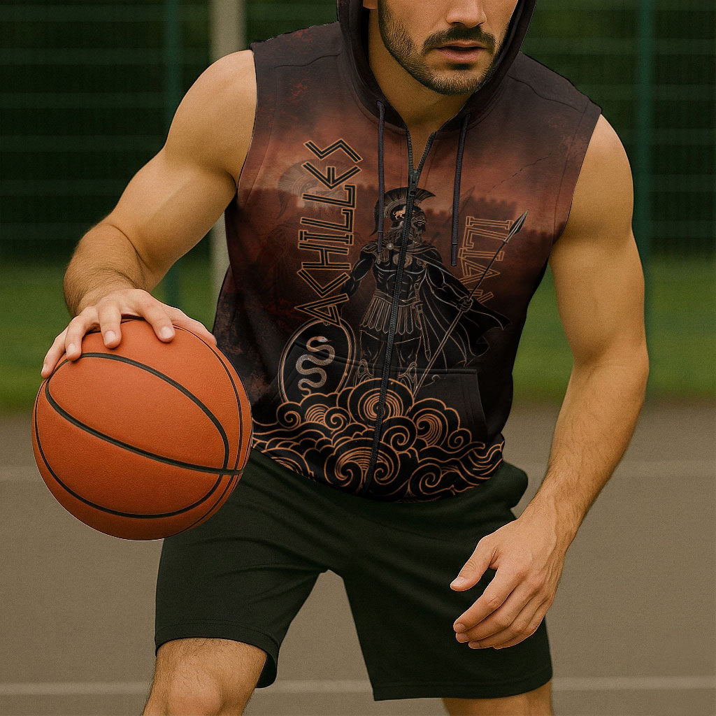 Achilles Iliad Greek Hero Legend Sleeveless Zip Hoodie Trojan War Spartan Warrior Spear Graphic Art