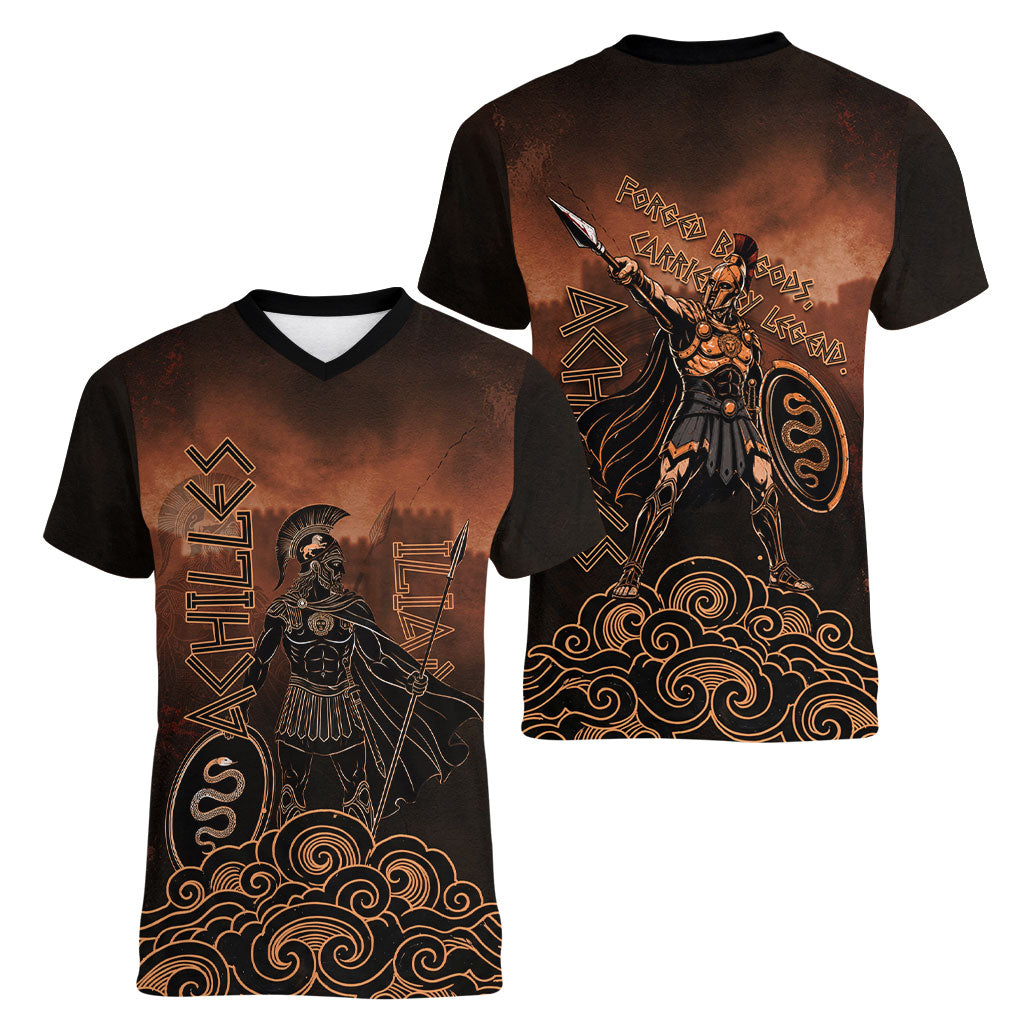 Achilles Iliad Greek Hero Legend Women V-Neck T-Shirt Trojan War Spartan Warrior Spear Graphic Art