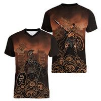 Achilles Iliad Greek Hero Legend Women V-Neck T-Shirt Trojan War Spartan Warrior Spear Graphic Art