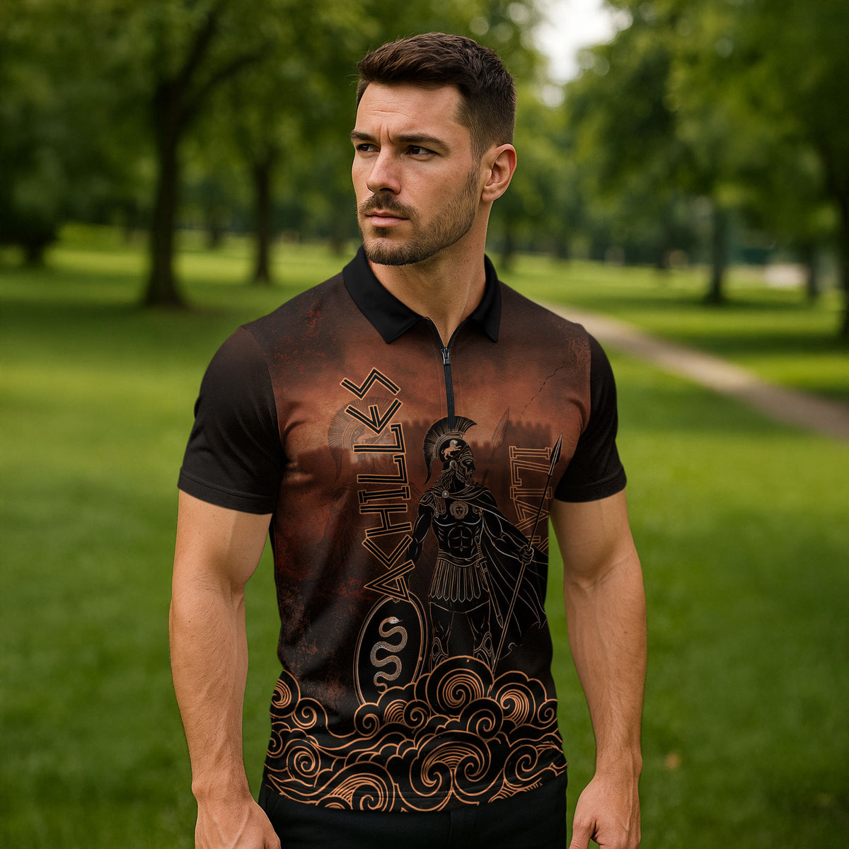 Achilles Iliad Greek Hero Legend Zipper Polo Shirt Trojan War Spartan Warrior Spear Graphic Art