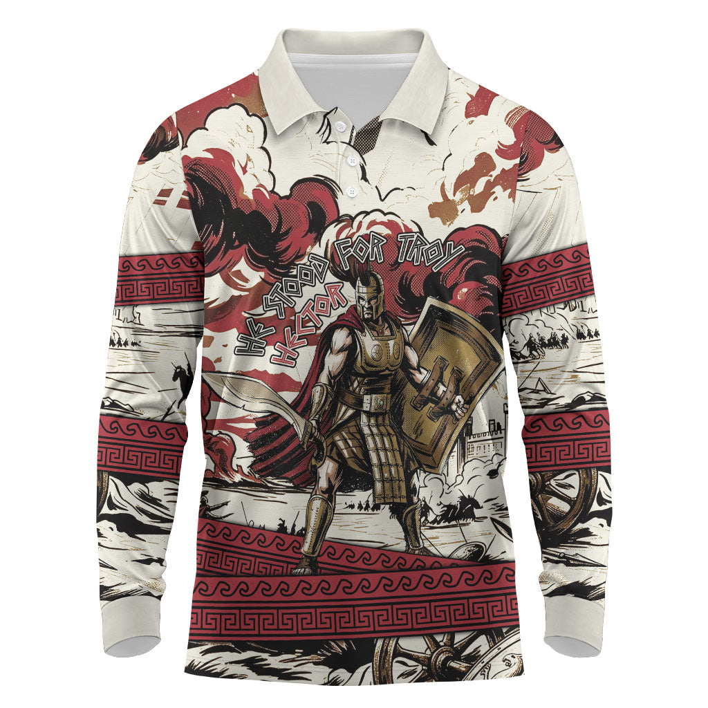 Hector Iliad Stood For Troy Long Sleeve Polo Shirt Ancient Greek Trojan Prince Hector Sword Shield Battle